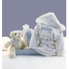 Embroidered dressing gown, muslin and teddy bear set blue