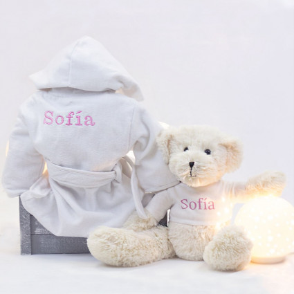 Embroidered dressing gown and teddy bear set pink