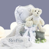 Nappy cake with personalised muslin case and teddy bear grey