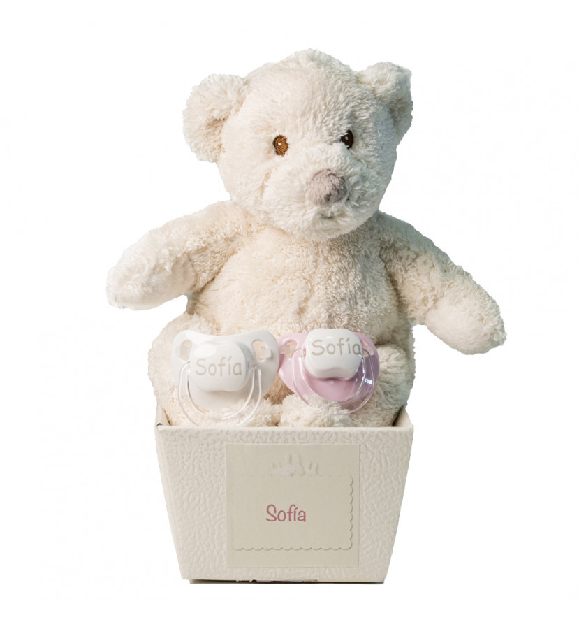 Pack of two personalised dummies and teddy bear pink