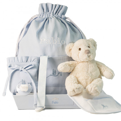 Hamper with personalised dummy and accessories for newborn blue