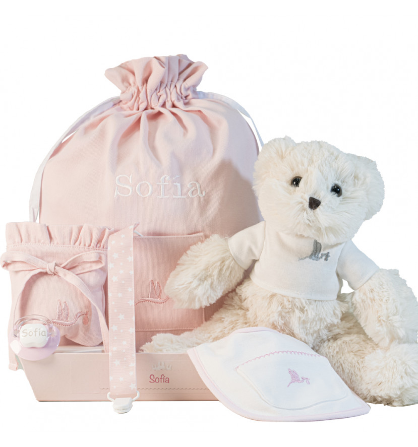 Hamper with personalised dummy and accessories for newborn pink