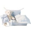 Hamper with bib and personalised dummy with accessories for newborn blue