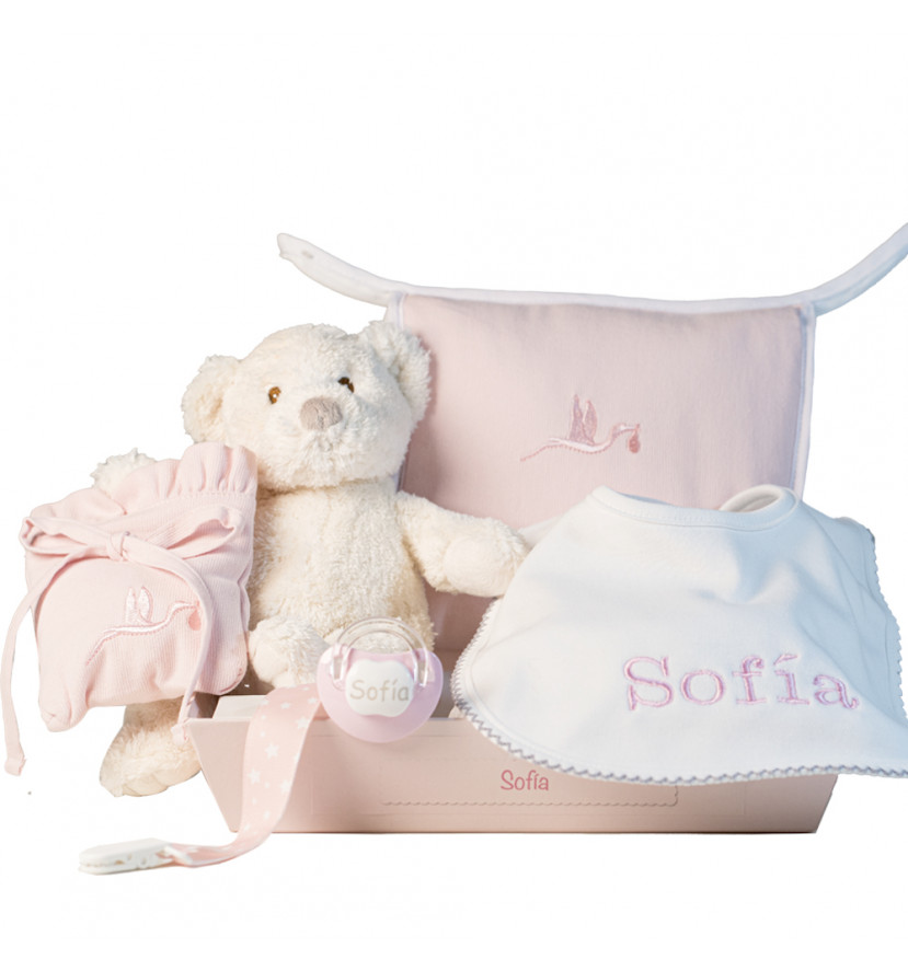 Hamper with bib and personalised dummy with accessories for newborn pink