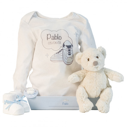 Personalised bodysuit with bootees teddy and personalised dummy blue