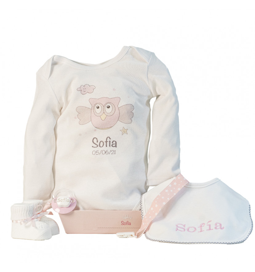 Personalised bodysuit giftset with bootees dummy and dummy clip pink