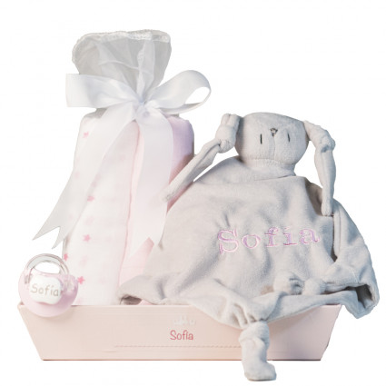 Muslin comforter and personalised dummy set pink
