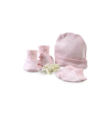 set gorro manoplas y patucos rosa
